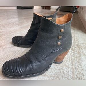 John Fluevog Black Mezzo Cecilia Ankle Boots with Gold Buttons